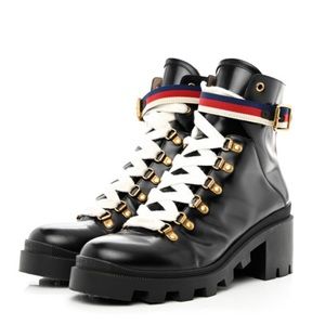 Authentic Gucci Calfskin Womens Sylvie Web Lace Up Combat Boots